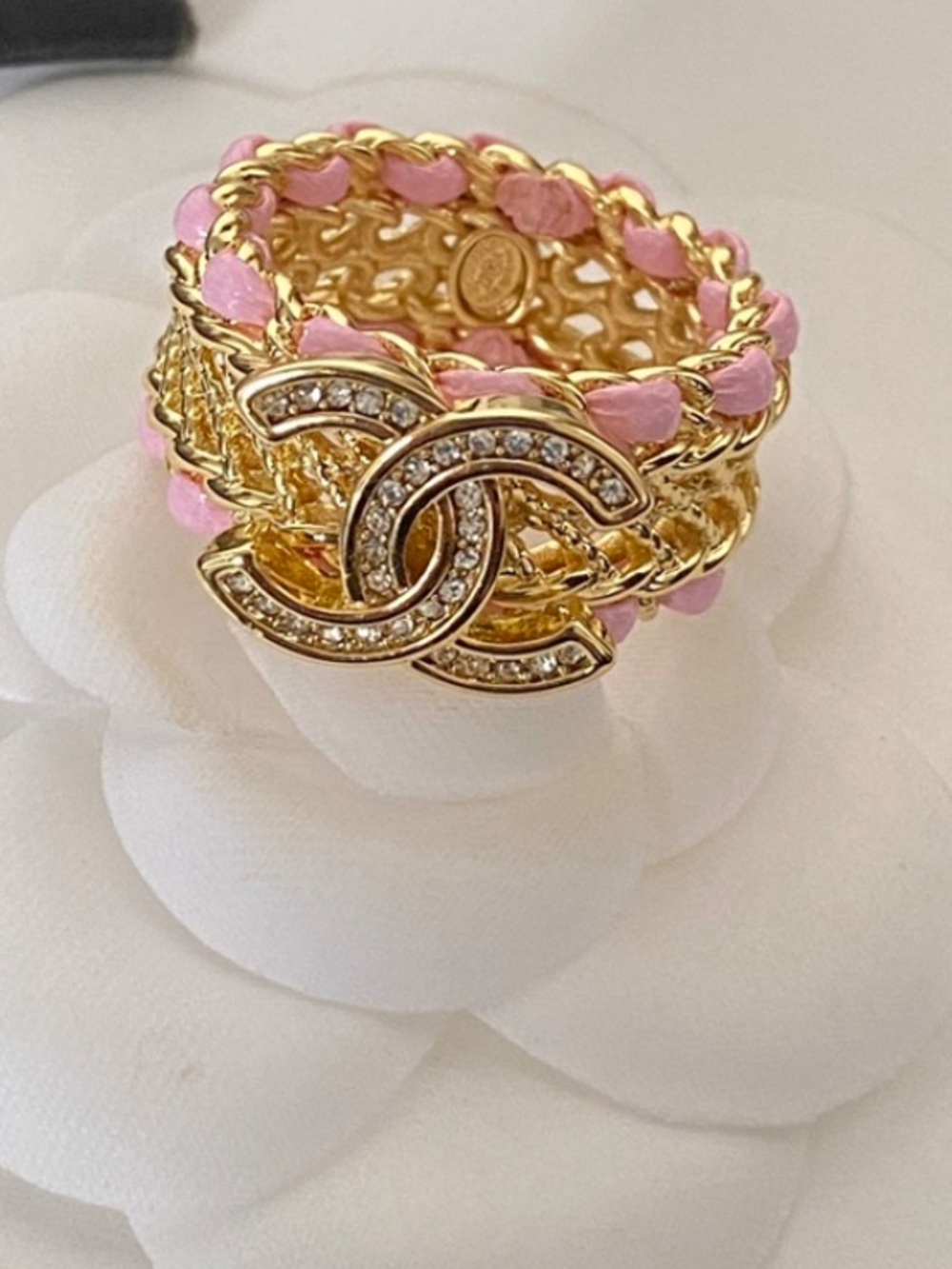 Double C Designer Rhinestone Letter Logo Pink Braided Gold Tone Ring Size 7